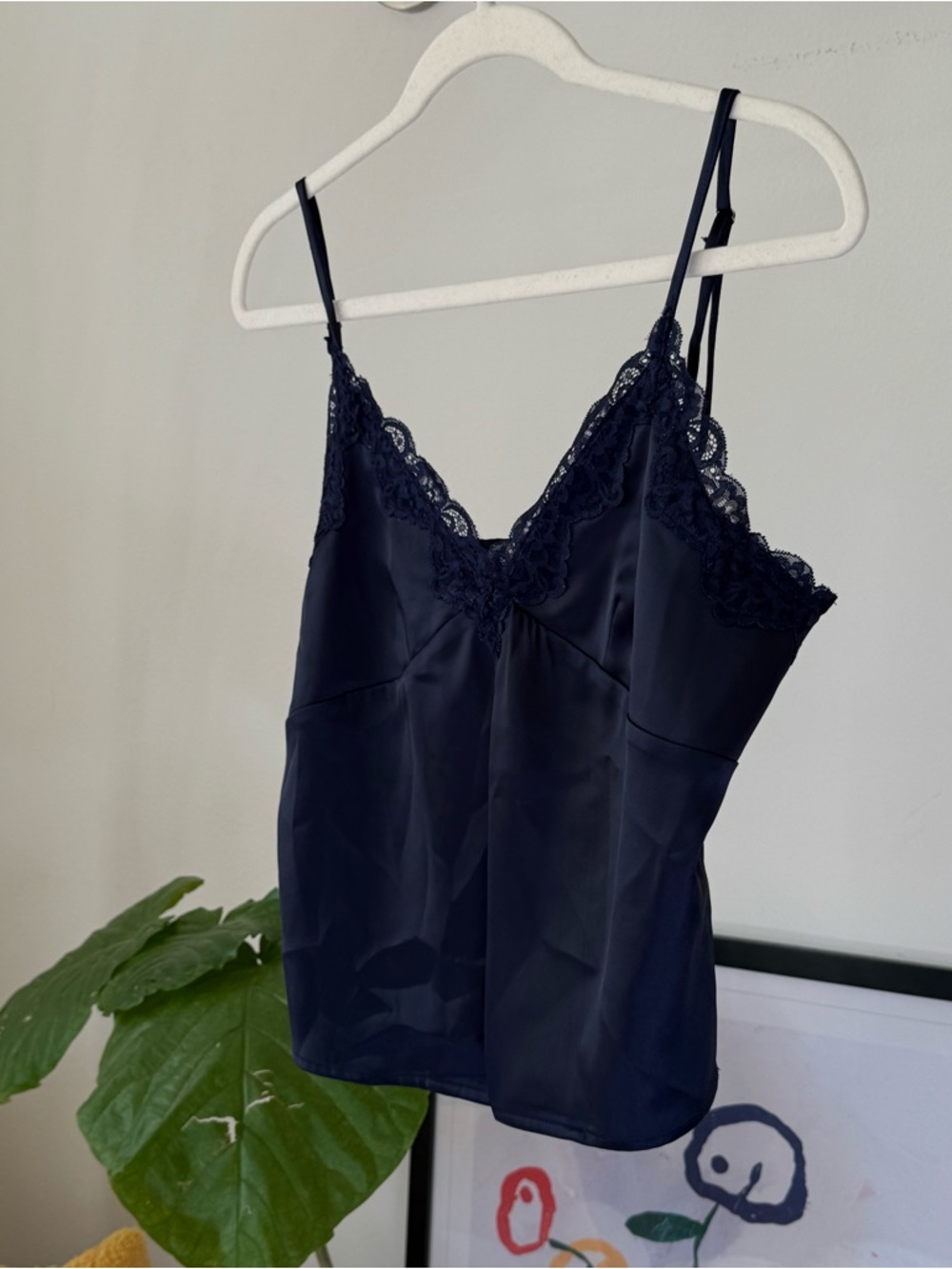 Lace-Trim Satin Cami Top - Navy